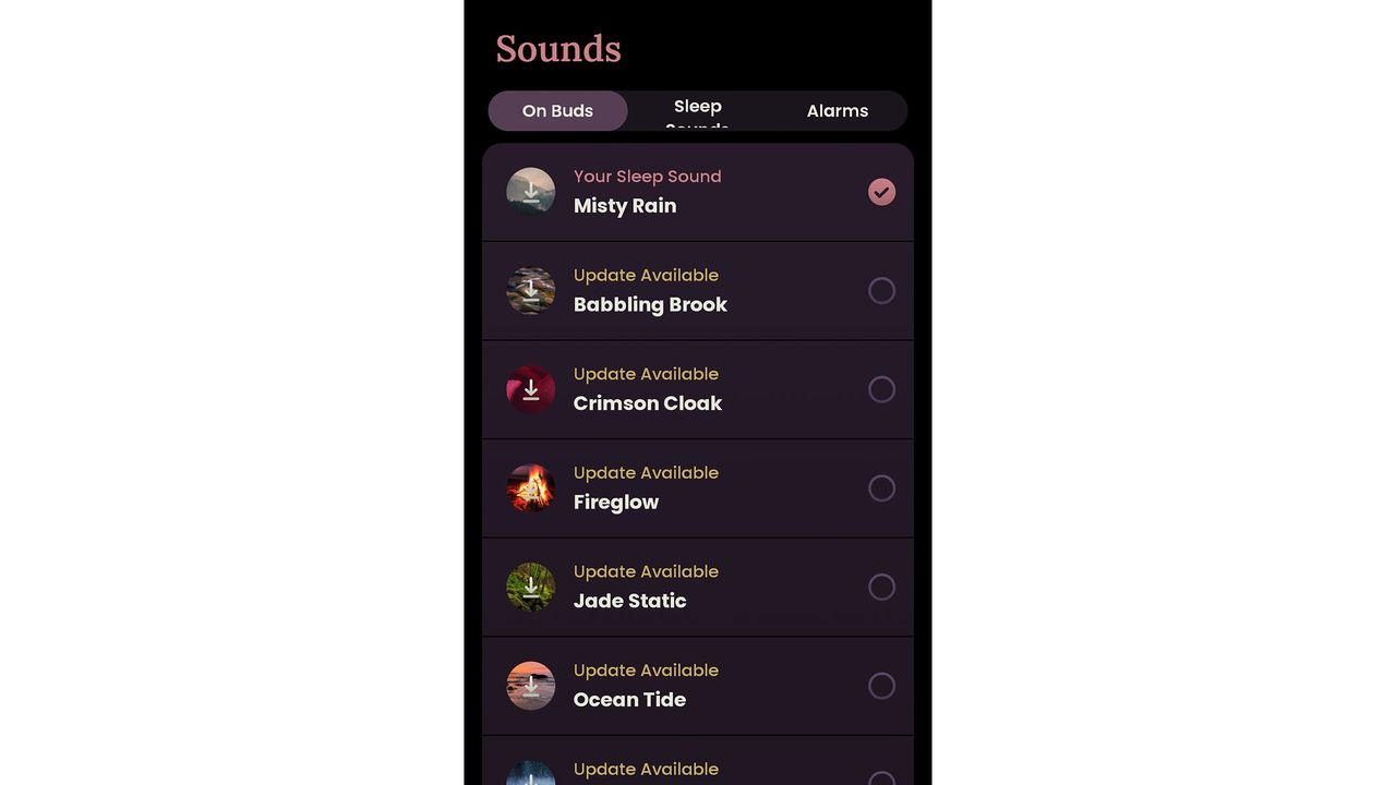 A screenshot of the sounds menu from the Ozlo app