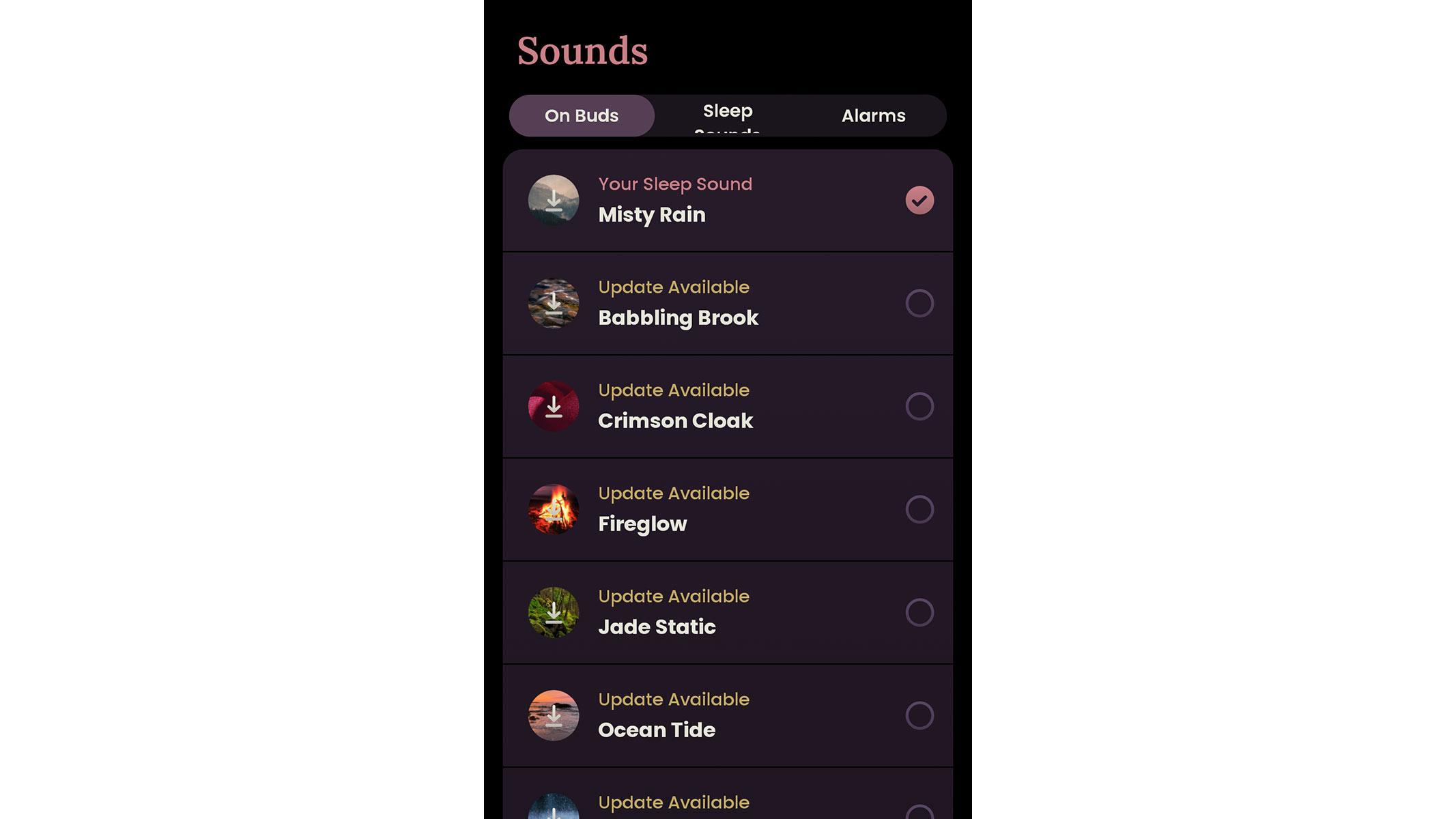 A screenshot of the sounds menu from the Ozlo app