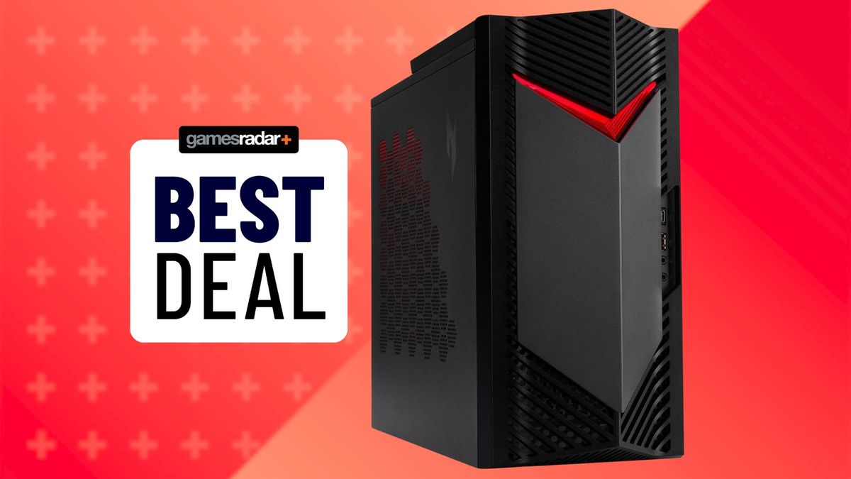 An Acer Nitro 50 gaming PC on a red background, with a GamesRadar+ best deal stamp on its right