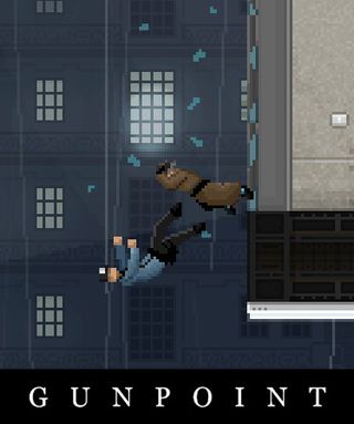 A cop and a man in a trenchcoat fall out of a window