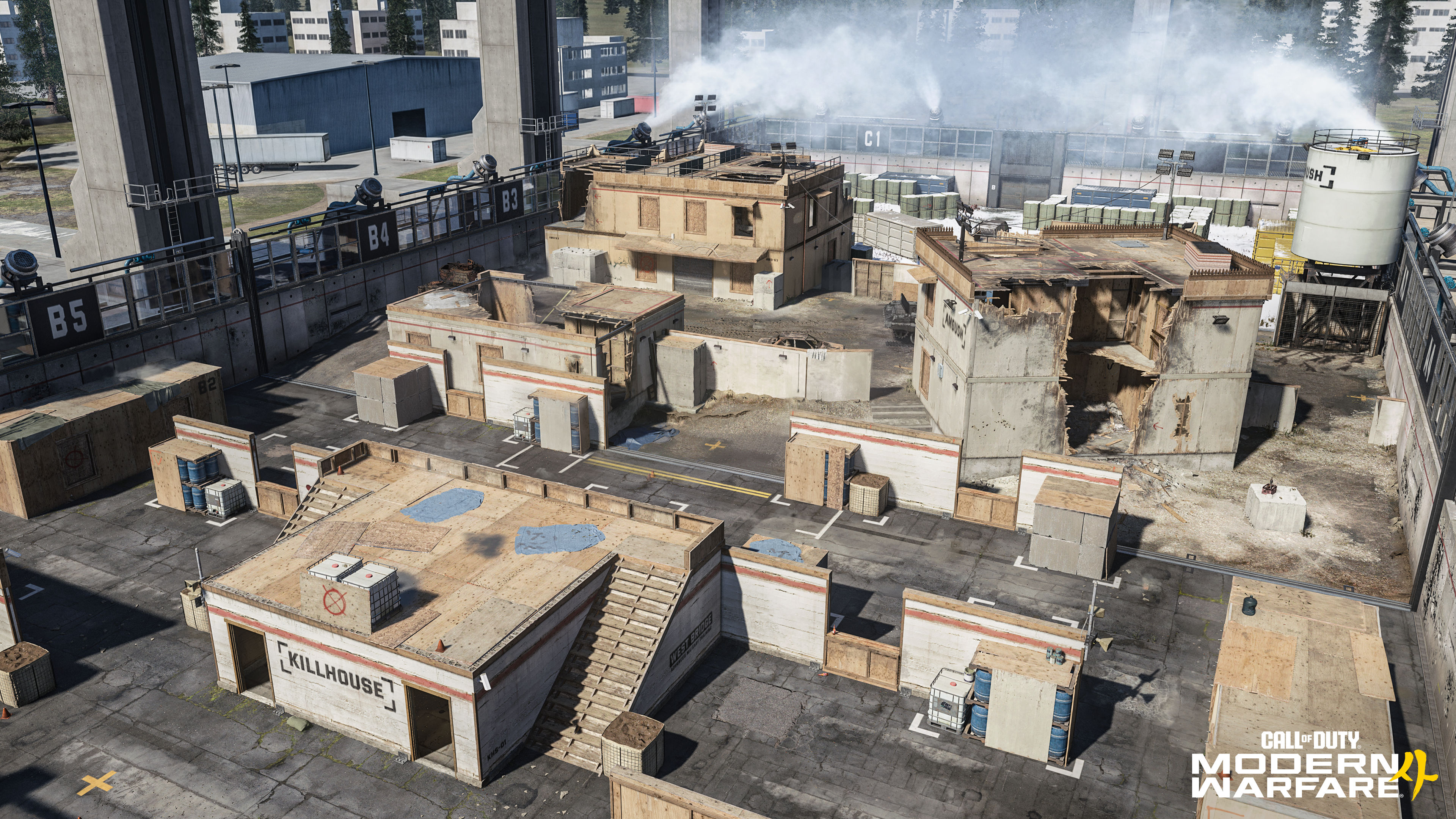 Call of Duty: Modern Warfare 4 introduces the new dynamic map, Kill Block, with rotating slabs that change the scenery of the arena every round.