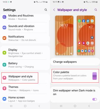 Wallpaper and style option in Samsung phone settings