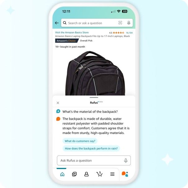 Amazon Rufus in use showcasing its ability to answer detailed product enquiries for customers.