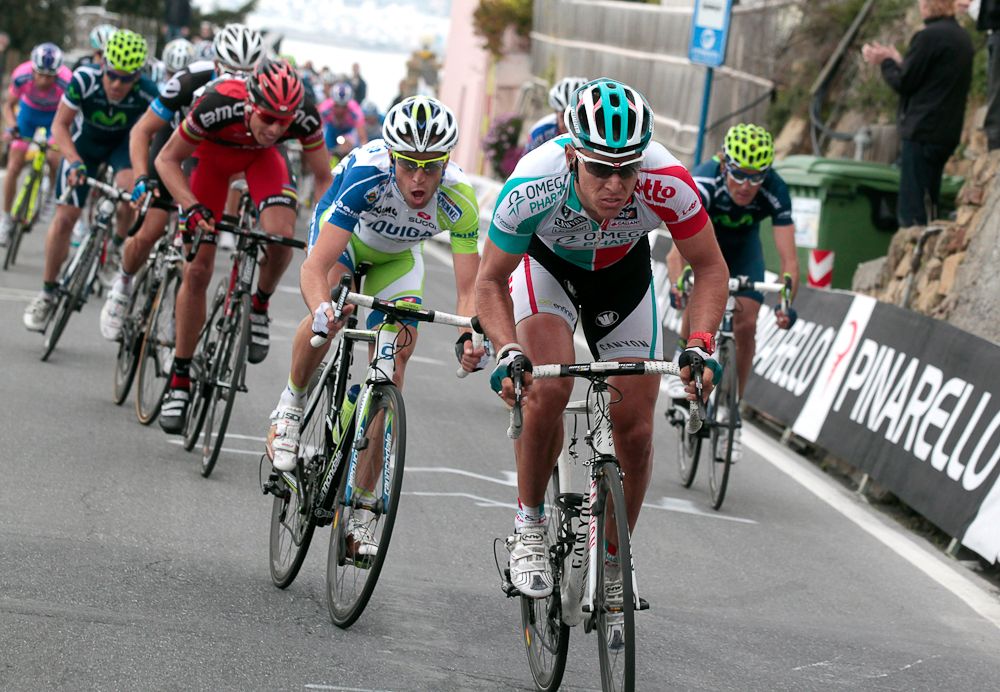 Philippe Gilbert of Omega-Pharma attacks in the 102th edition of the Milan-Sanremo race on March 19, 2011