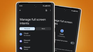 Två Android-mobiler mot en orange bakgrund visar en ny inställning för att hantera helskärmsaviseringar.