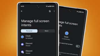Two Android phones showing a new setting to manage full-screen notifications