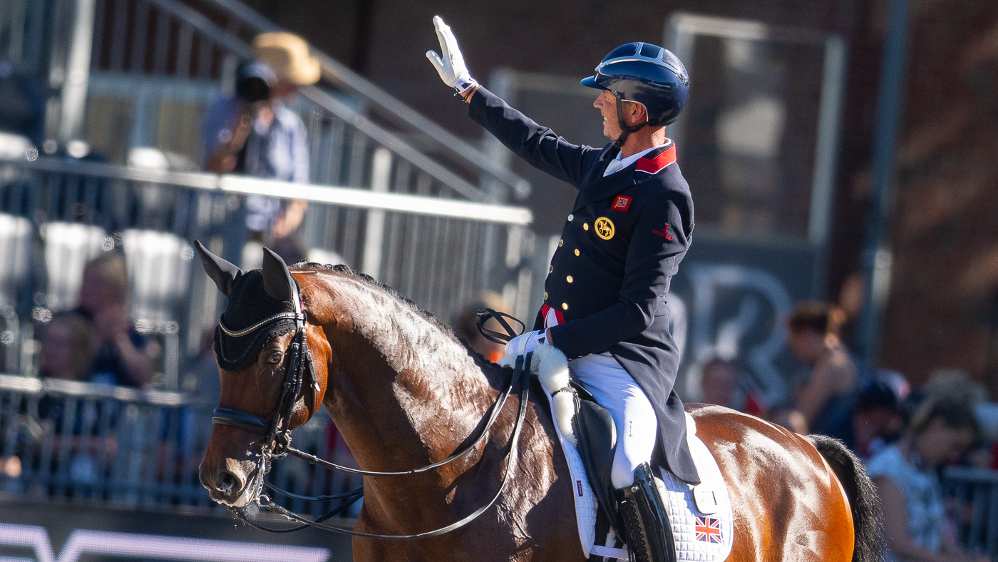 Carl Hester and Fame after a great test at the European Dressage Championships