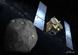 Japan's Hayabusa2 spacecraft releases a probe aimed at asteroid 1999 JU3 in this illustration by artist Akihiro Ikeshita.