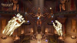 An official screenshot of Asgard's Wrath 2 showing an Atum temple puzzle being solved with god powers