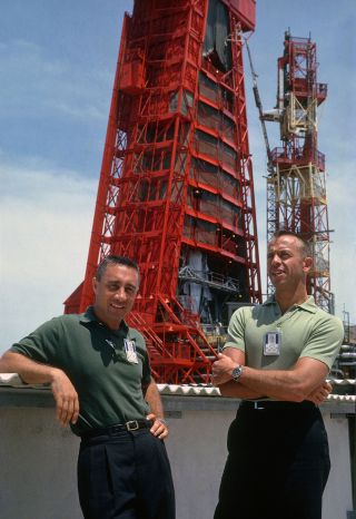 America's first two astronauts, Gus Grissom and Alan Shepard, are photographed by Bill Taub in 1961.