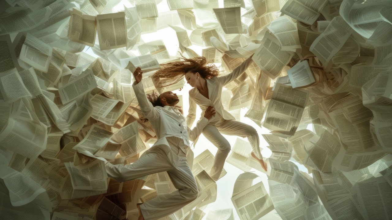 two people in white suits appear to float weightlessly surrounded by dozens of open books