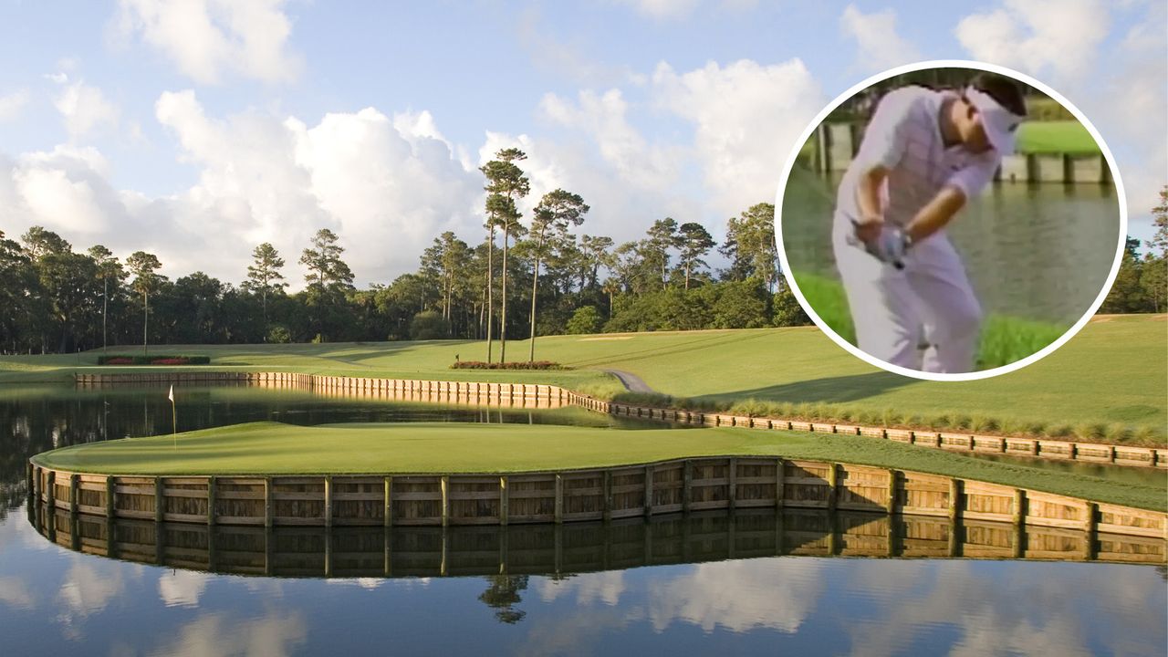 The 17th hole at TPC Sawgrass with an inset of Angelo Spagnolo taking a shot at it