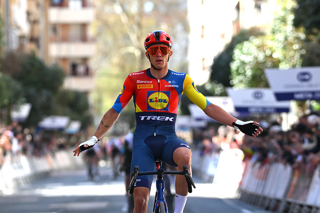 ESTELLA-LIZARRA, SPAIN - APRIL 05: Thibau Nys of Belgium and Team Lidl - Trek celebrates at finish line as race winner during the 34th Gran Premio Miguel Indurain 2025 a 203.9km one day race from Estella-Lizarra to Estella-Lizarra on April 05, 2025 in Estella-Lizarra, Spain. (Photo by Tim de Waele/Getty Images)