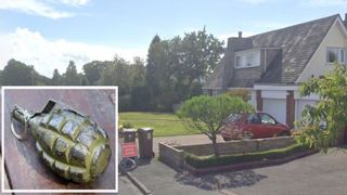 A street in Wirrall and a WW2 grenade with a pin in