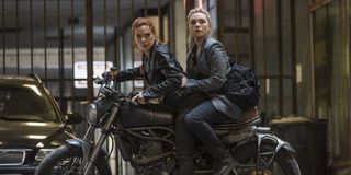 Black Widow Scarlett Johansson and Florence Pugh on motorcycle