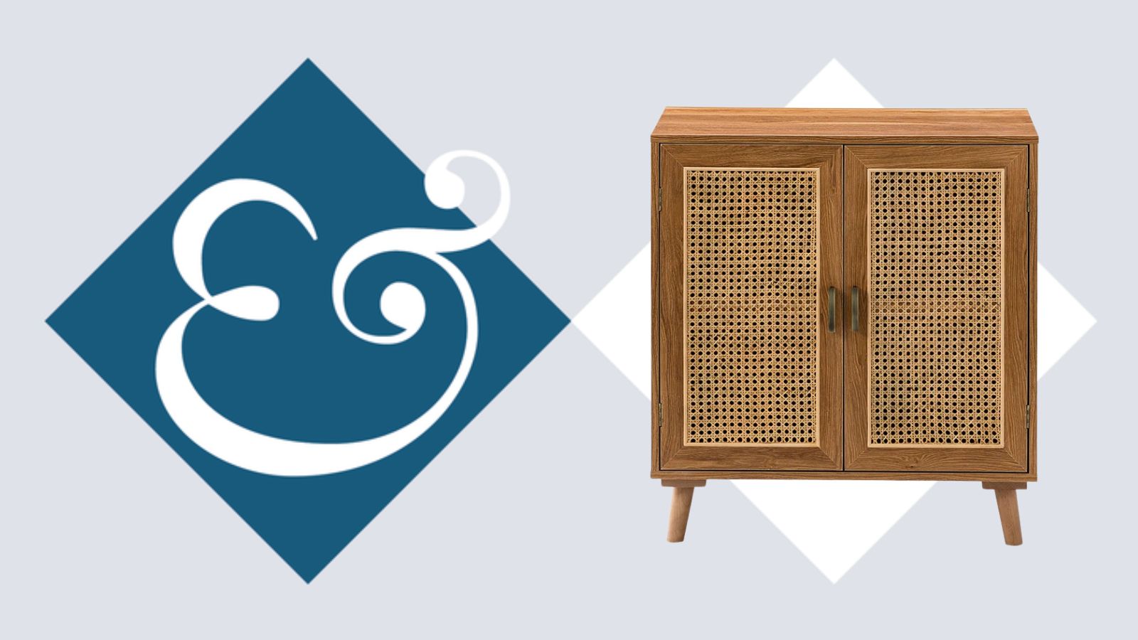 A Homes &amp; Gardens product hero image with a brown rattan Kelly Clarkson storage cabinet