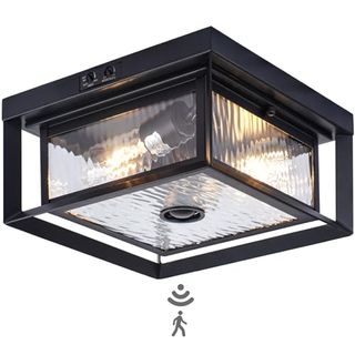 Calokes Motion Sensor Outdoor Ceiling Light - Industrial Style, Flush Mount, Dual Box Frame With Water Ripple Glass Design - Perfect for Porch, Garage, and Entryway, Time and Sensitivity Adjustable