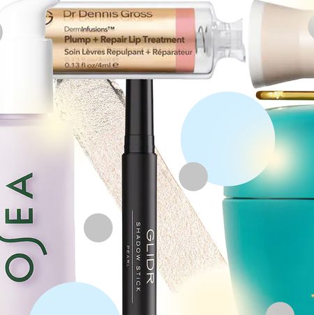 product collage of OSEA Dream Bio-Retinol Body Serum, Dr. Dennis Gross Derminfusions&trade; Lip Tints, Tatcha The Longevity Youth Restoring Cream, VIRTUE Strength  Shield Leave-In Conditioner, Anastasia Beverly Hills Glidr Smudge Proof Cream Eyeshadow Stick on white background with blue and grey polka dots 
