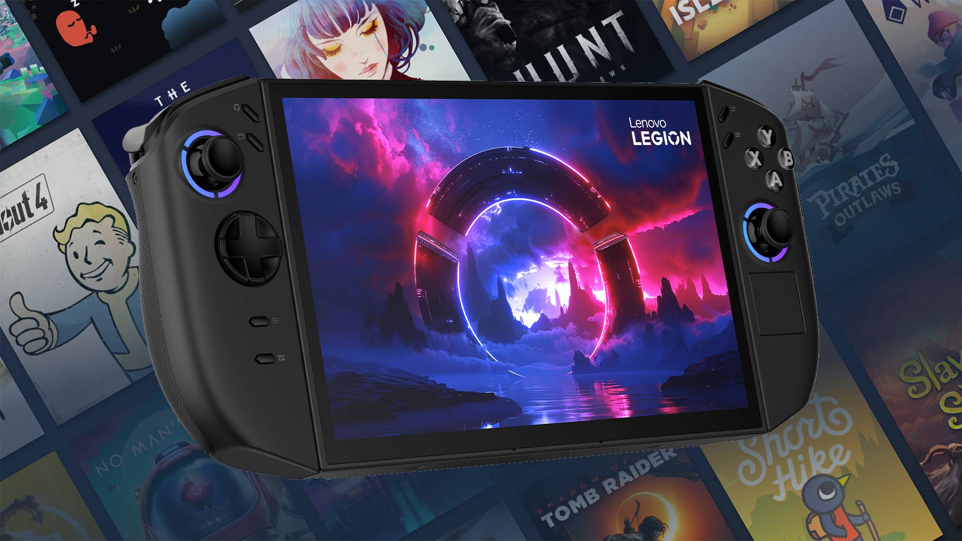 Lenovo Legion Go 2 handheld with Steam library art in backdrop