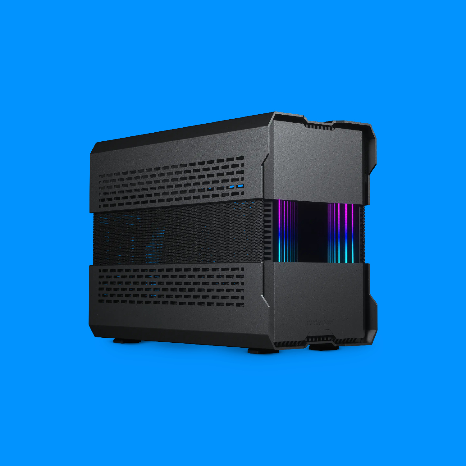 The Phanteks Evolv Shift XT on a blue background