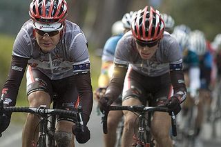 David Kemp (left) of Fly V Australia was working hard in the lead group nearring the final 15 kilometres of stage two.