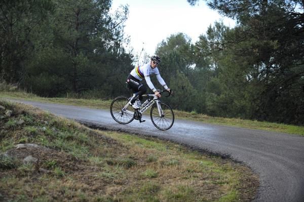 Hushovd was asked to ride up and down the same hill for the photoshoot