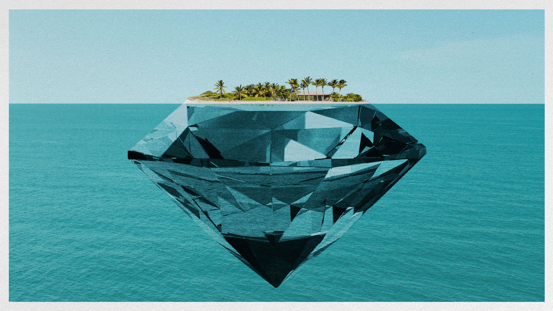 Photo collage of an islet in Anguilla resting on top of a giant diamond visible underwater, like the tip on an iceberg. 