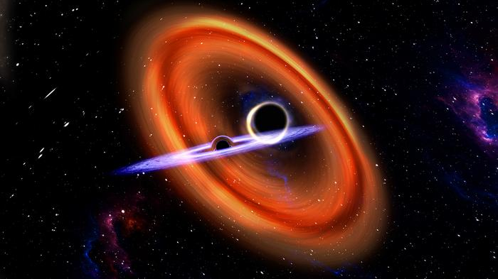 A farther out illustration of two black holes in space. one is larger than the other.