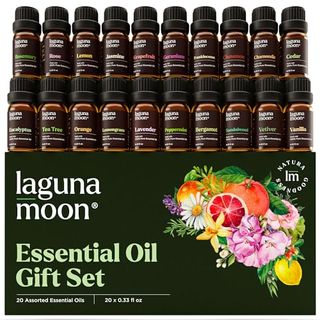 Essential Oils Set with 20 amber glass bottles with black lids featuring Peppermint, Tea Tree, Lavender, Eucalyptus, Lemongrass in 10ml bottles