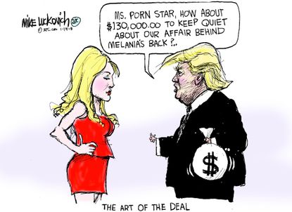 Political cartoon U.S. Trump affair allegations Stormy Daniels hush money Art of the Deal