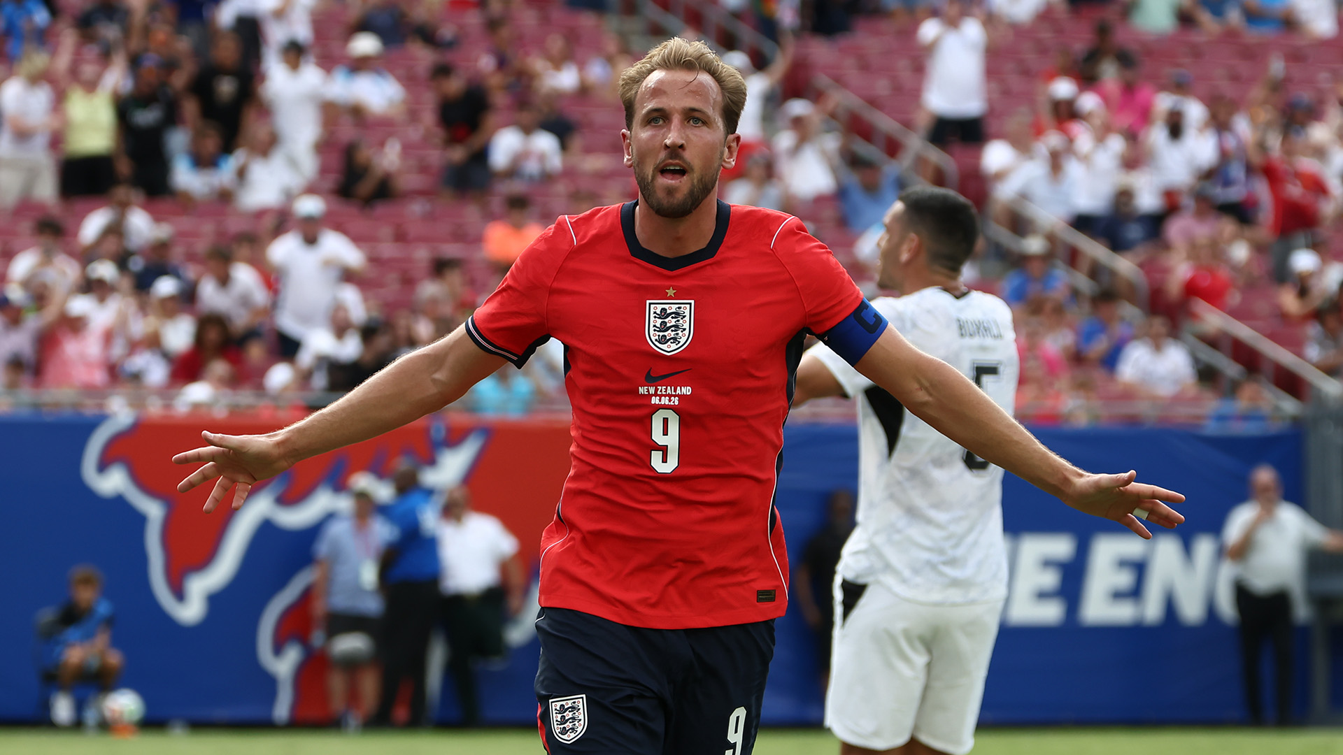 Harry Kane celebrating after scoring against New Zealand in World Cup 2026 training friendly