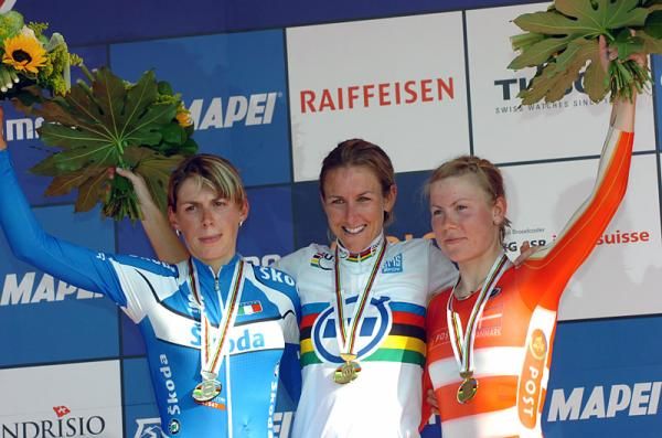 Noemi Cantele (Italy, 2nd), Kristin Armstrong (United States of America, 1st) and Linda Melanie Villumsen (Denmark, 3rd).