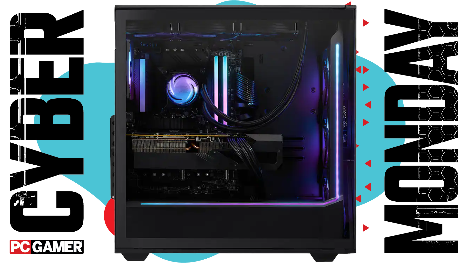 An iBuyPower gaming PC on a blue Cyber Monday background.