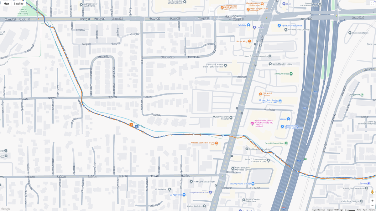 A Google Maps map view showing GPS location data for a workout, with the COROS APEX 4 (orange line) and Garmin Forerunner 970 (blue line) showing how their dual-band GPS tracking compares.