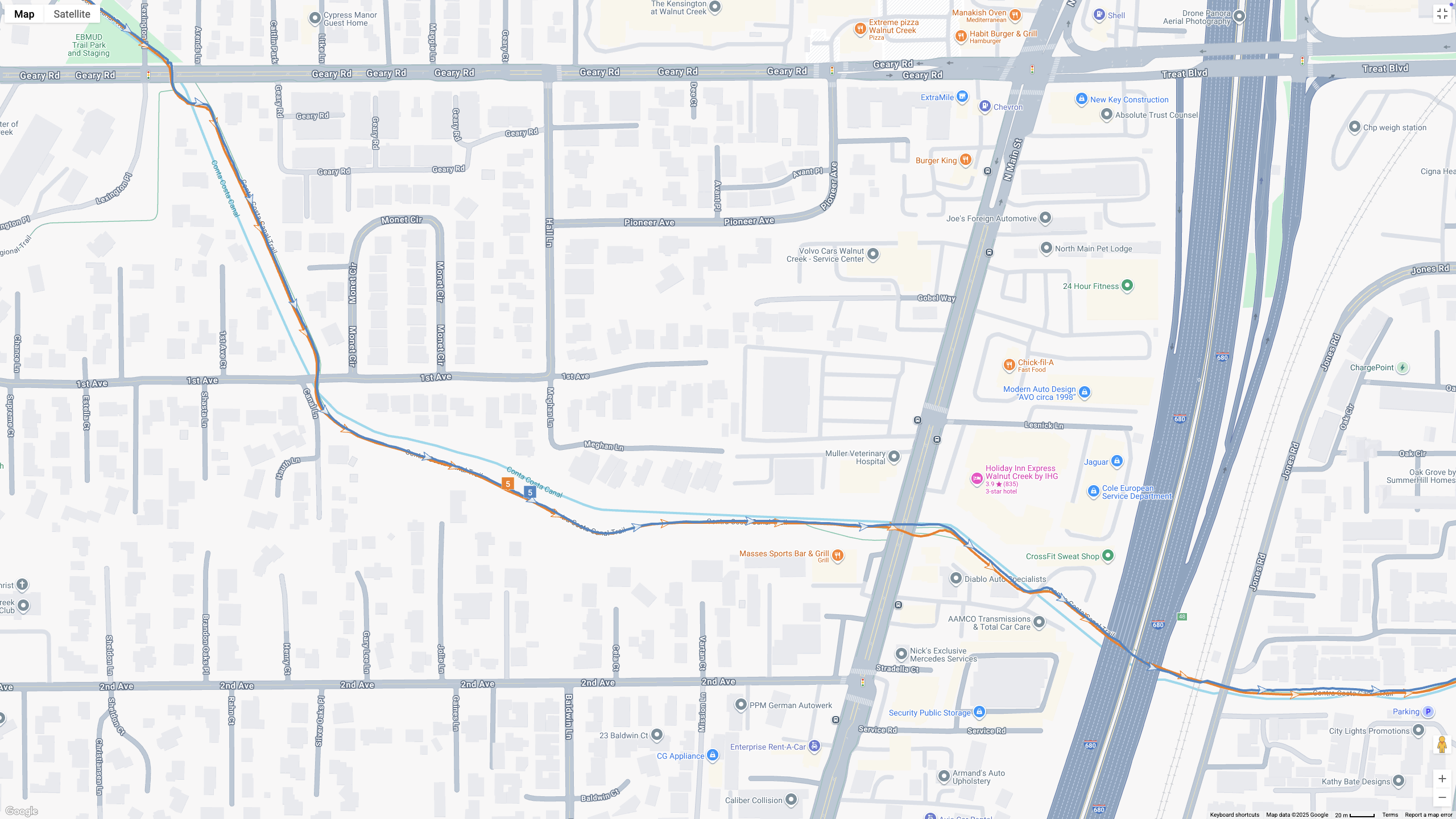 A Google Maps map view showing GPS location data for a workout, with the COROS APEX 4 (orange line) and Garmin Forerunner 970 (blue line) showing how their dual-band GPS tracking compares.