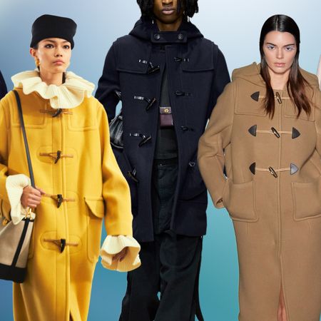 A graphic of duffel coats at Altuzarra Fall 2024, Coach Fall 2025, and Prada Fall 2023