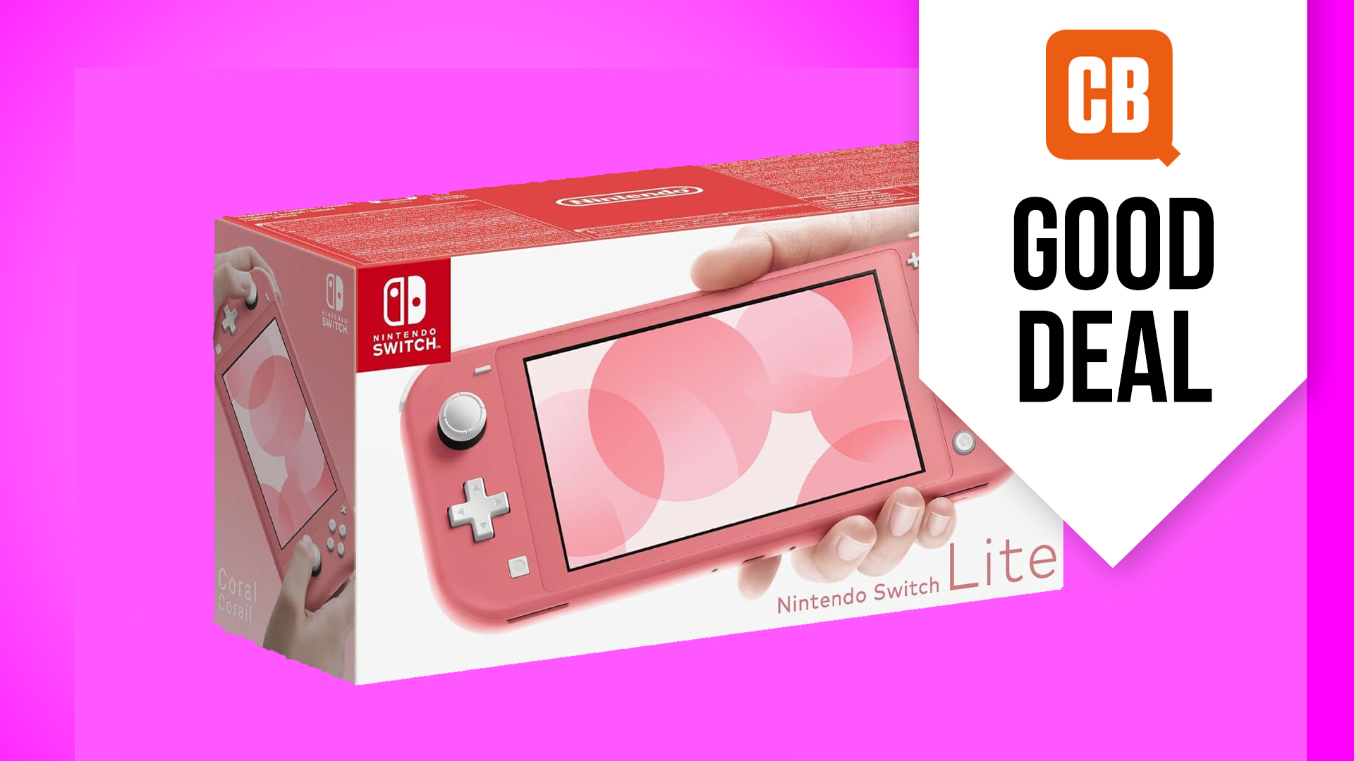 Nintendo Switch Lite Coral with text Good deal next to it