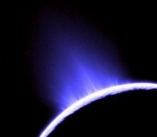 water geysers spouting from Saturn's moon Enceladus
