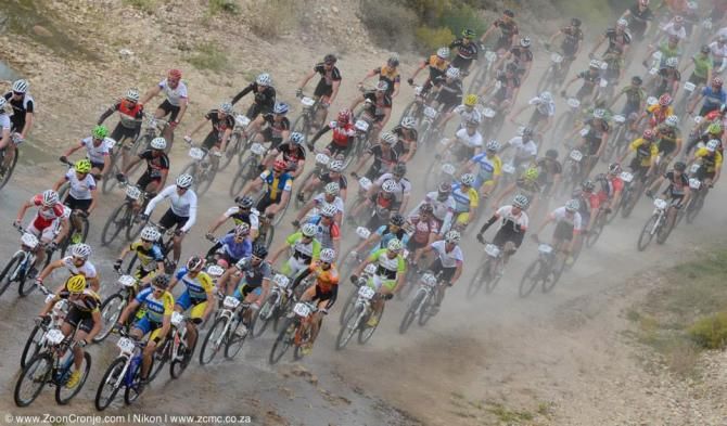 The front group splashes through a water crossing early on during Stage 3 of the Bridge Cape Pioneer Trek on Wednesday.