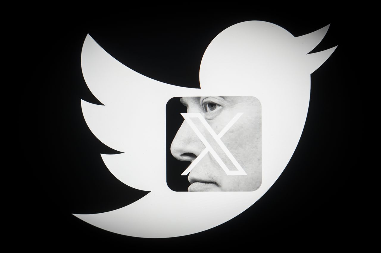 A Twitter bird logo with an image of Elon Musk&amp;#039;s face in the middle, covered by an X