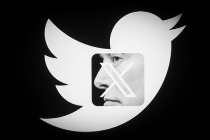 A Twitter bird logo with an image of Elon Musk's face in the middle, covered by an X