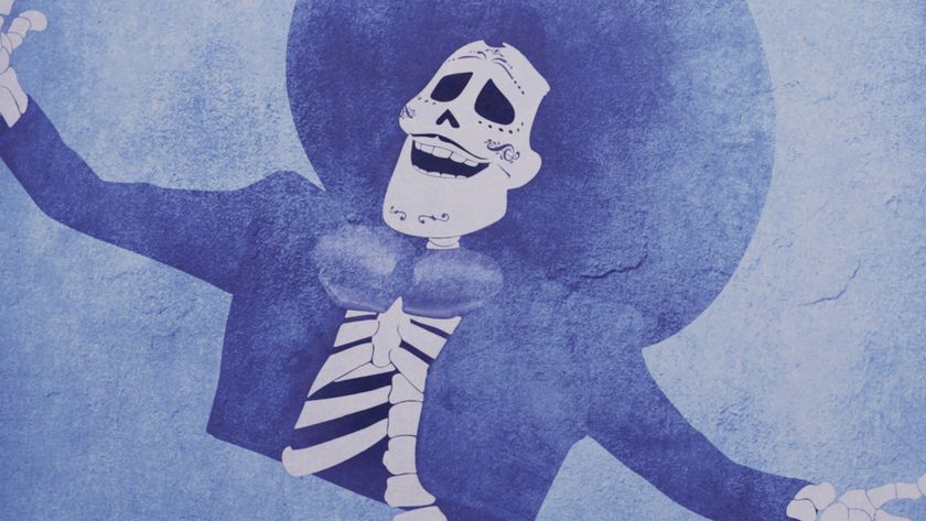 The skeletal Ernesto de la Cruz in blue against a faded background, in the style of a stencil