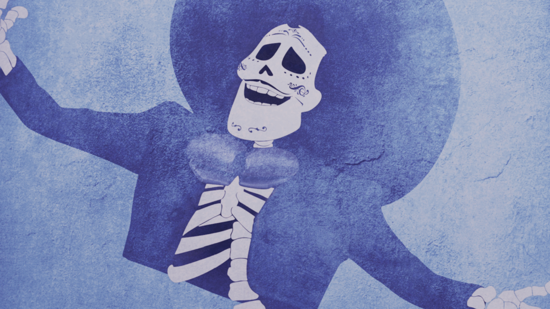 Ernesto de la Cruz from Coco depicted in a stylized blue stencil art style against a muted backdrop