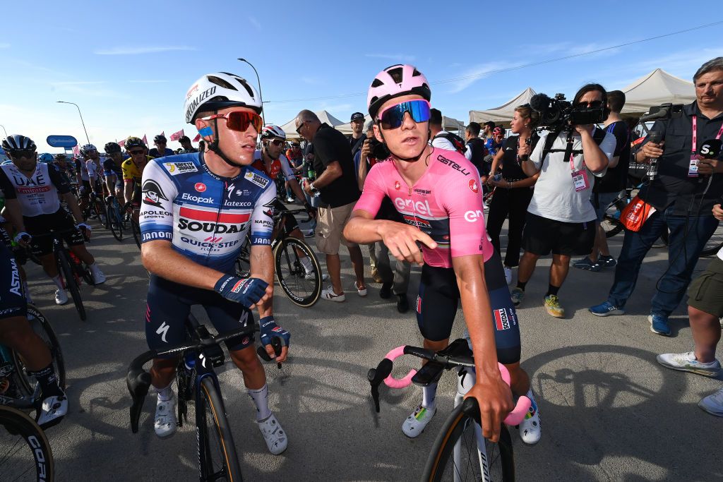 SAN SALVO ITALY MAY 07 LR Ilan Van Wilder of Belgium and Remco Evenepoel of Belgium and Team Soudal Quick Step Pink Leader Jersey react after the 106th Giro dItalia 2023 Stage 2 a 202km stage from Teramo to San Salvo UCIWT on May 07 2023 in San Salvo Italy Photo by Tim de WaeleGetty Images