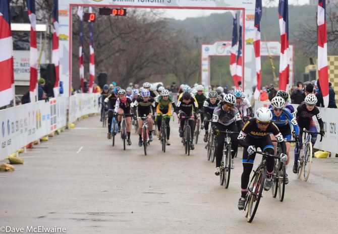 Women's collegiate racing at USA Cycling Cyclo-cross National Championships in Austin, Texas.