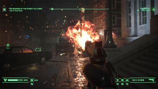 Robocop Rogue City review; a car explodes in a dark street