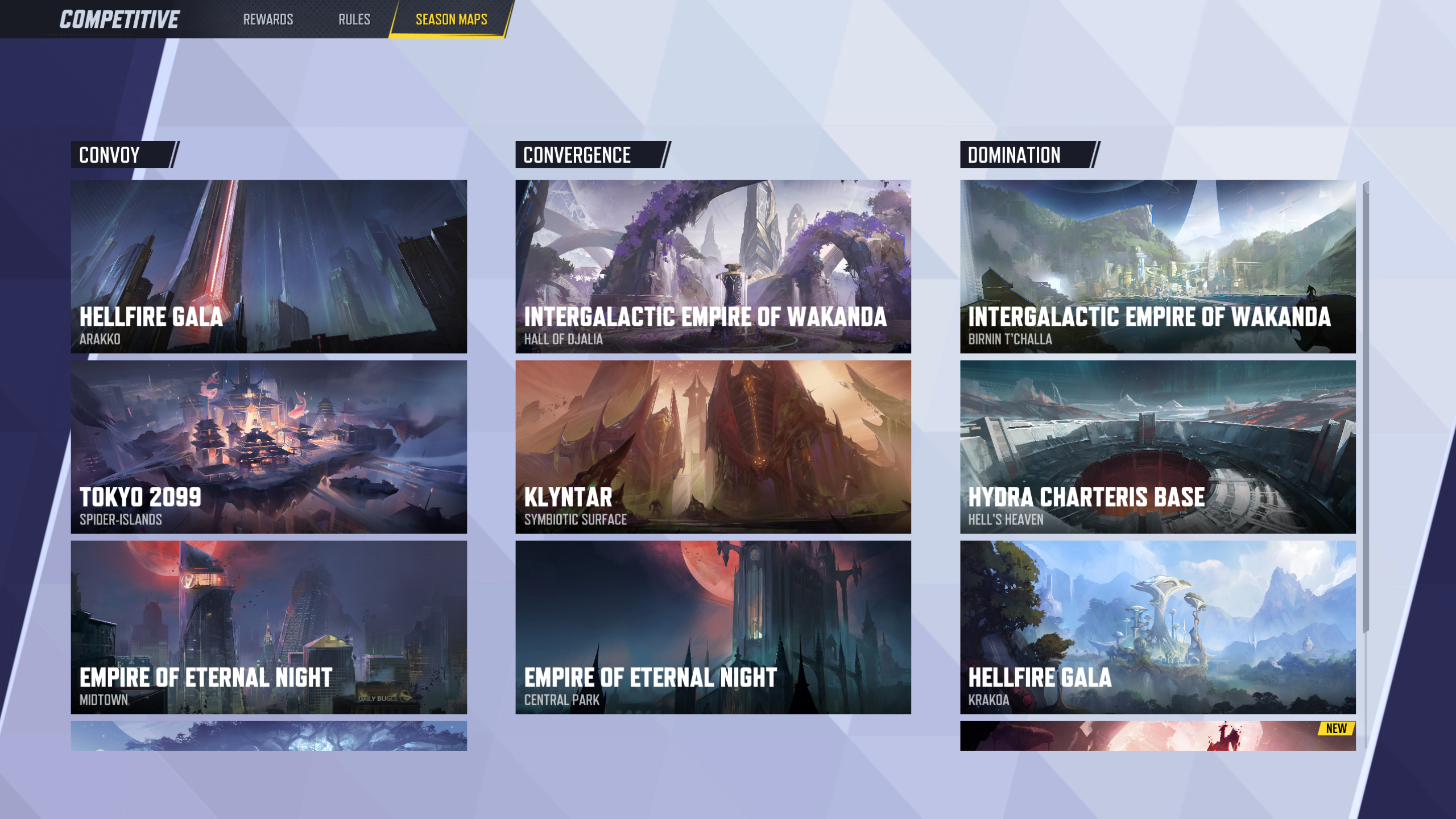Marvel Rivals ranks: The competitive map rotation in Season 3, shown in the menu.