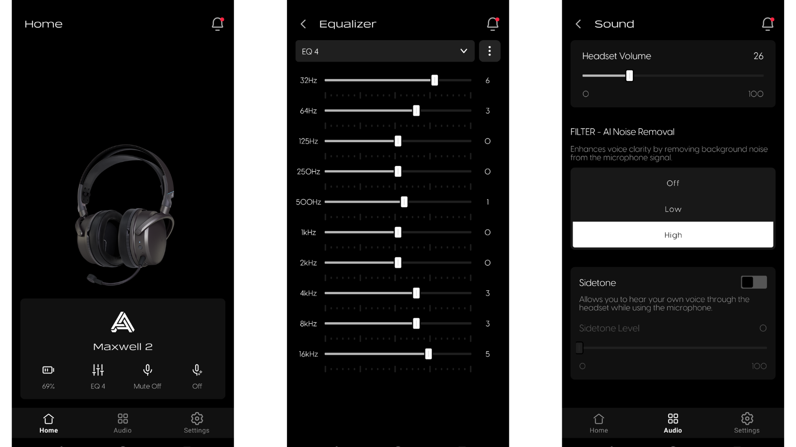 Screenshots of Audeze app showing 10-band EQ and AI noise-cancelling