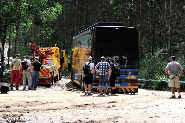 First the bus got stuck, then the tow truck that came to pull the bus out got stuck...