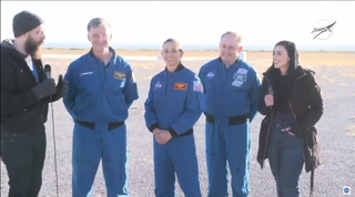NASA spokesperson Dan Huot, Boeing astronaut Chris Ferguson, NASA astronauts Nicole Mann and Mike Fincke, and Boeing spokesperson Jessica Landa spoke after a pad abort test on Nov. 4, 2019.